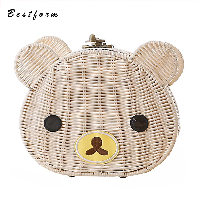 

Little Bear Rattan Bag Cartoon Handmade Beach Straw Tote Bags for Women Lovely Wicker Woven Package Vintage Casual Handbag