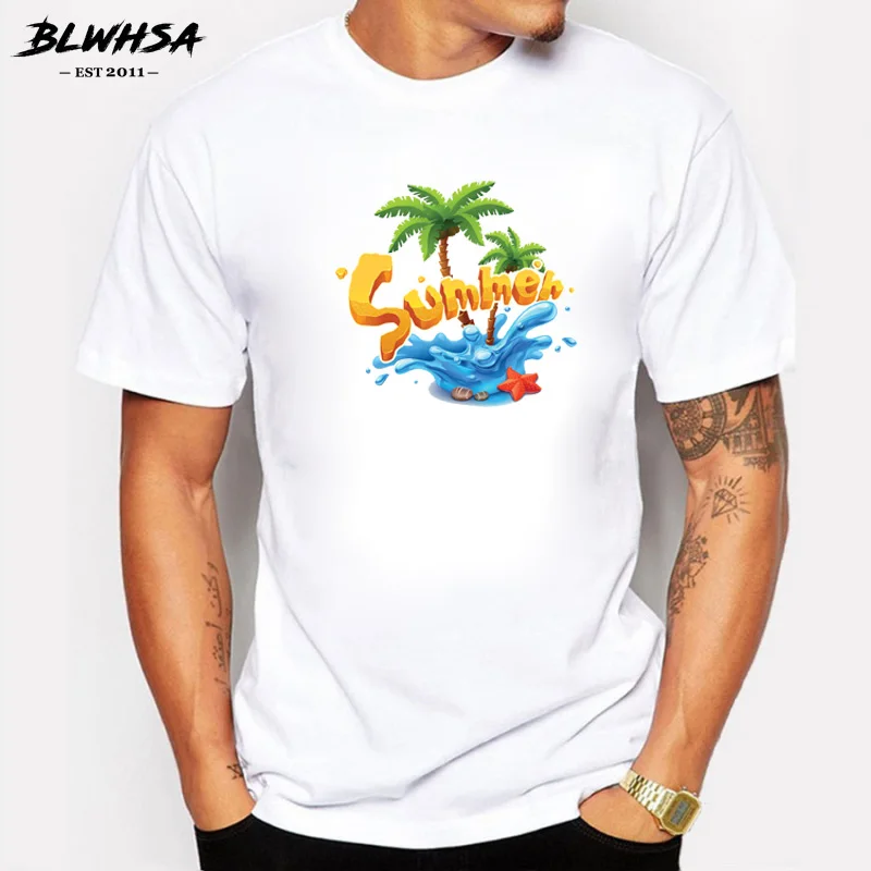 

BLWHSA New Summer Vacation Men's Short Sleeve Clothes Sunshine Palm Tree T-shirts Beach T Shirts Casual Top Tees