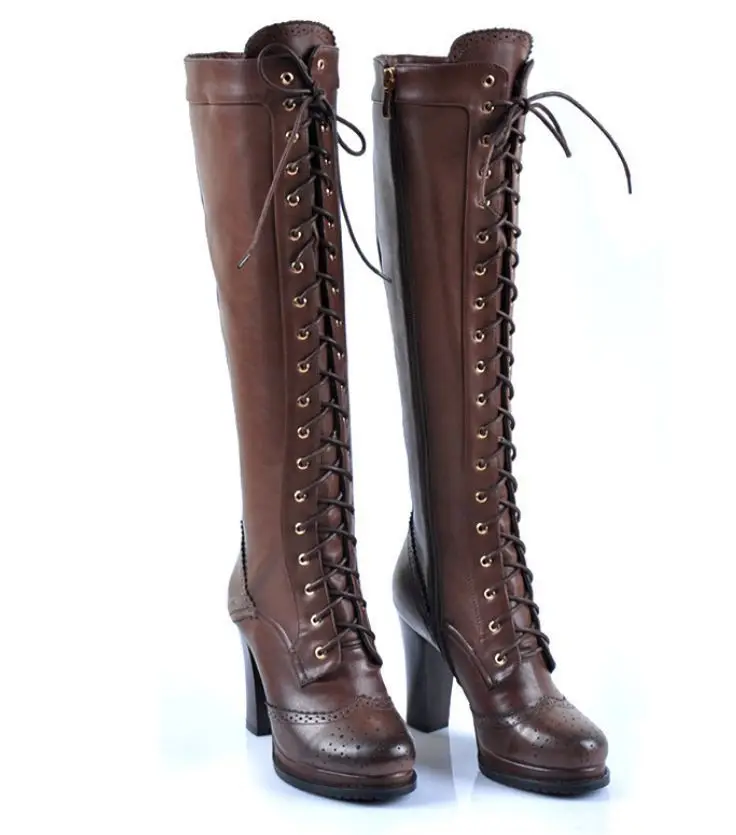 

Women Cow Leather knee boot gothic wing tip zip high heel platform lace up shoes F44