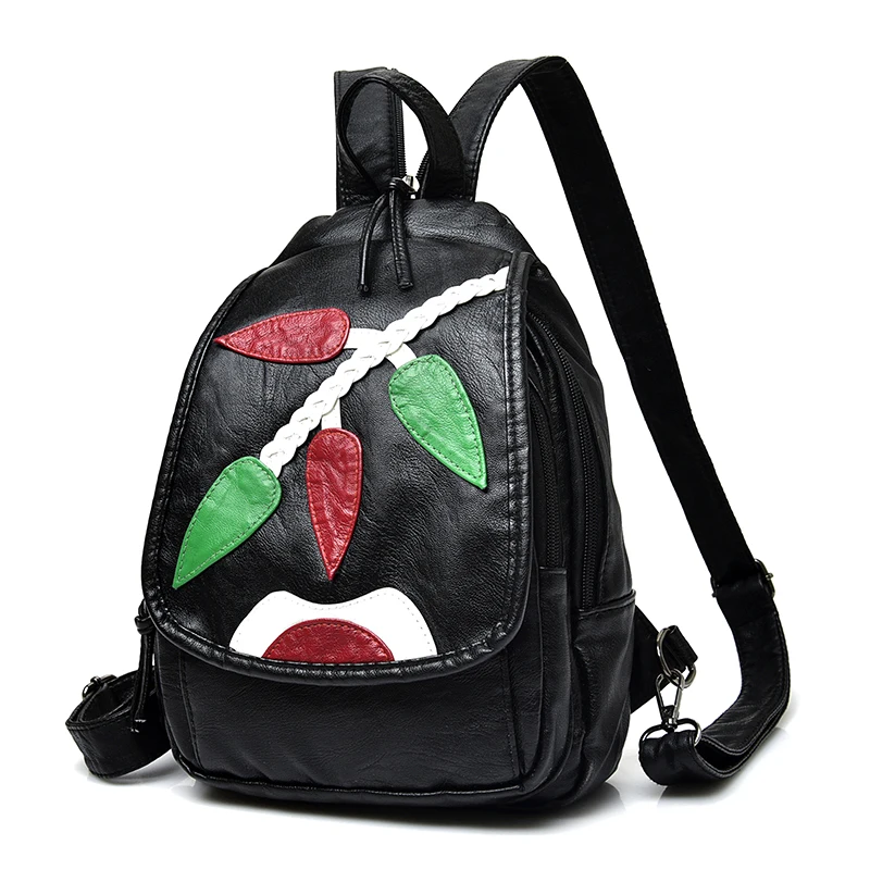Cartoon Black Backpack Women Soft Washed Leather School Bags For Girls Fashion Embroidery Character Shoulder Bag
