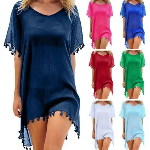 New Women Beachwear Swimwear Tassel Bikini Cover Up Summer Kaftan Beach Dress Bathing Suits Summer Mini Dress Loose Solid Pareo