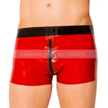 Красные и черные резиновые латексные мужские трусы шорты с молнией на промежности S-LPM074