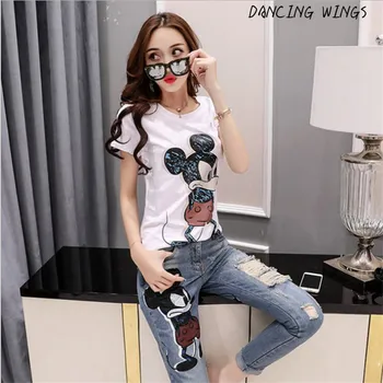 

summer Mickey Mouse print Short sleeve T shirt + hole denim pants women 2 pieces casual set
