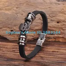 G145 черный простой кожаный Череп Браслет наручная повязка наручник из нержавеющей стали застежка Мужская