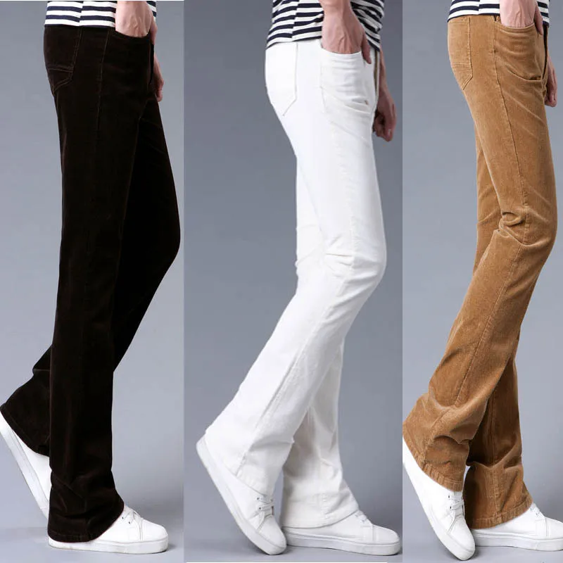Весенне-осенние мужские Модные расклешенные вельветовые брюки, мужские повседневные брюки-клеш больших размеров, белые, красные, коричневые, хаки, размер 34 36