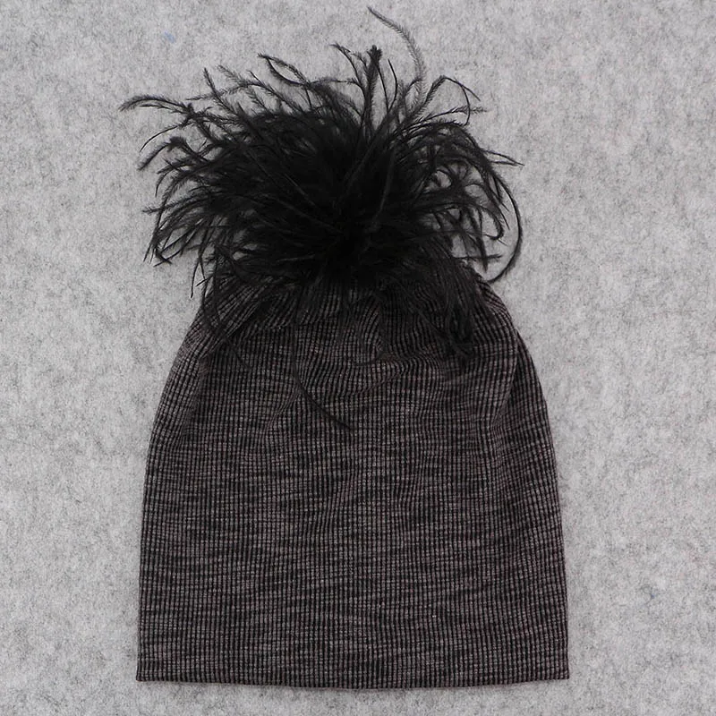 GZHILOVINGL/Новинка года; стильная зимняя теплая Шапка-бини в рубчик для женщин; настоящий Страус для девочек; меховая шапка с помпонами - Цвет: Gray 3