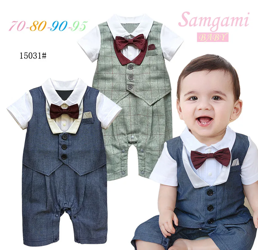 Baby boy short sleeved romper with tie children's clothing summer male
