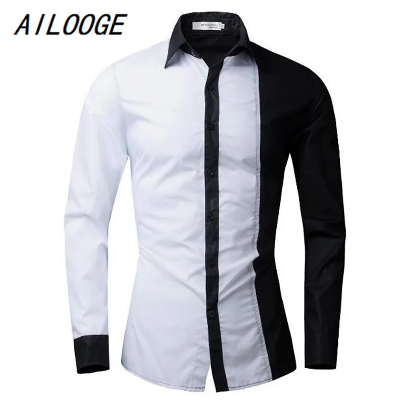 AILOOGE новая мужская рубашка, черно-белая рубашка с длинными рукавами - Цвет: White and Black