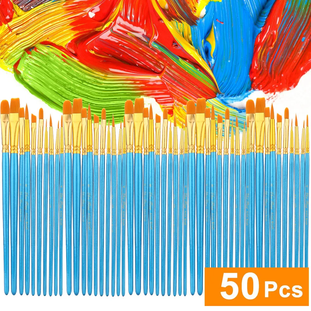 Acrylic Paint Brush Set 5 Packs/50 Pcs Nylon Hair Brushes For All