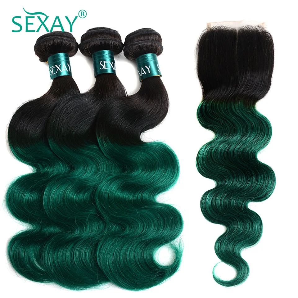 

Body Wave Bundles With Closure 1B/Green Ombre Bundles With Closure Sexay Pre-Colored Human Hair Weft 3 Bundles Pack With Closure