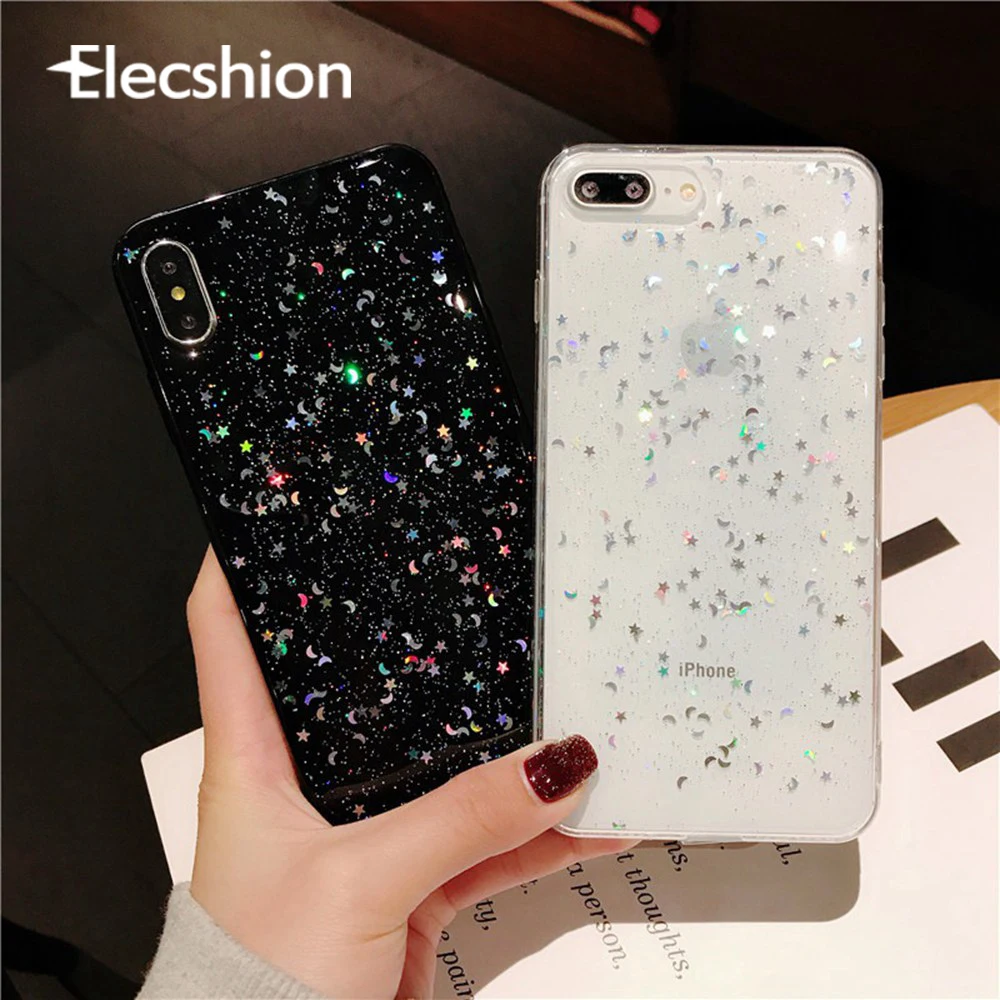 

Bling Star Phone Case For iPhoneX Xs Max Clear Silicone Phone Case For 6 7 8 Plus Shockproof Shimmering Powder Transparent Cover