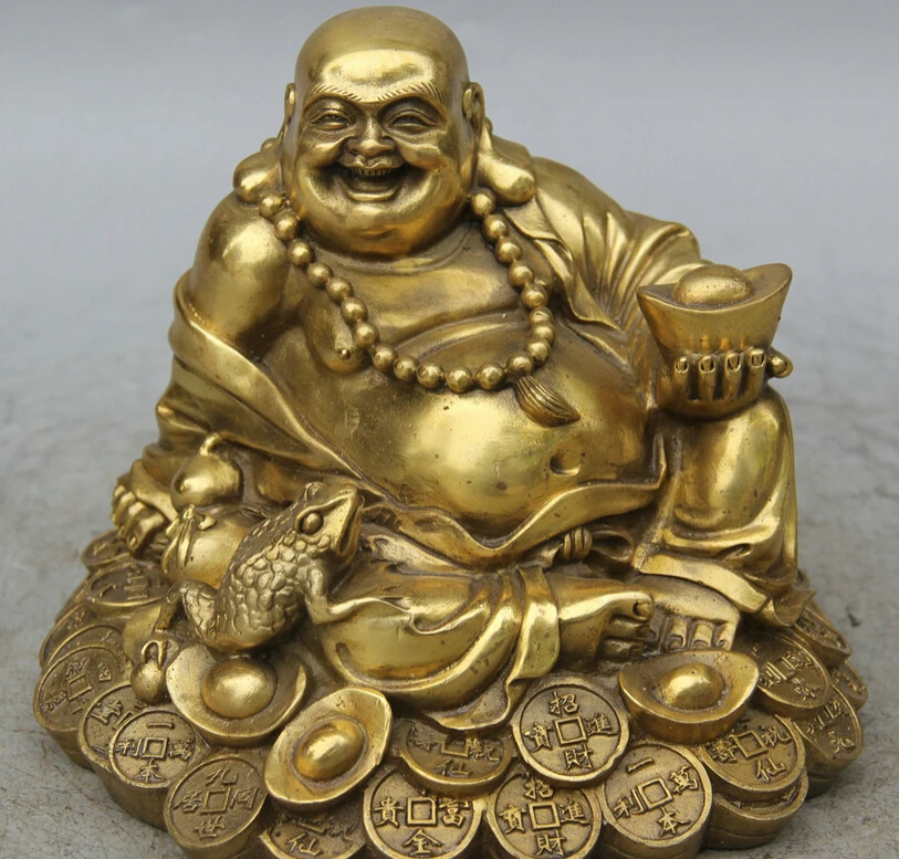

song voge gem S5710 7" China Brass Seat Wealth Money Golden Toad Happy Laugh Maitreya Buddha Statue