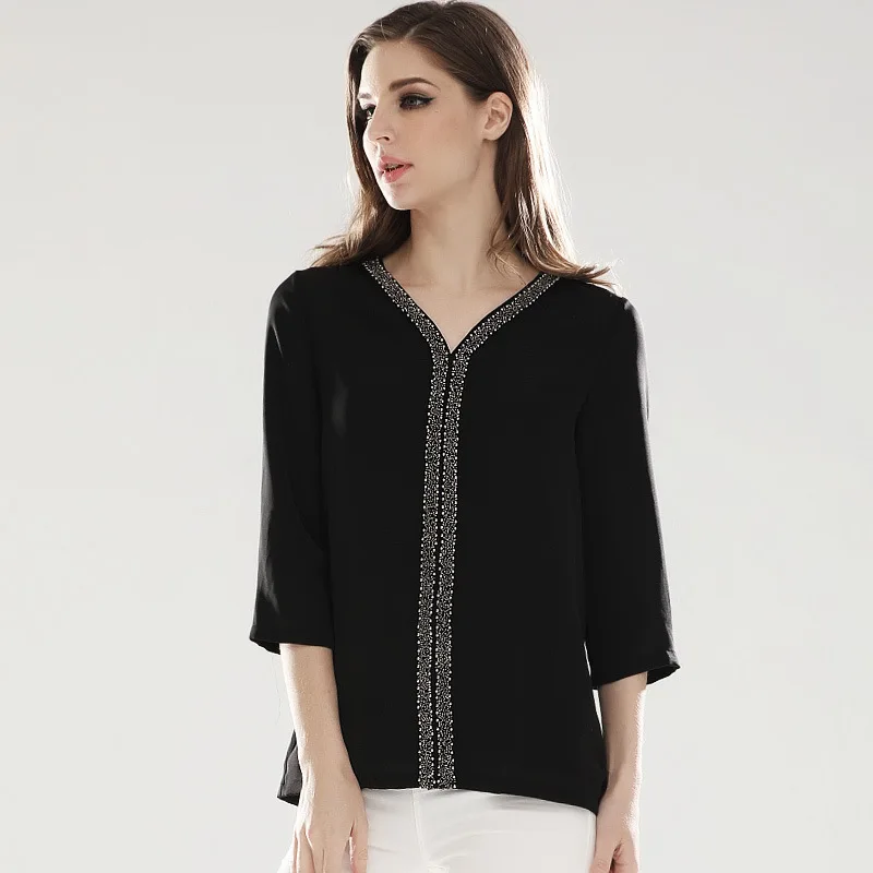 Beaded V Neck Chiffon Blouse Plus Size Women Summer Three