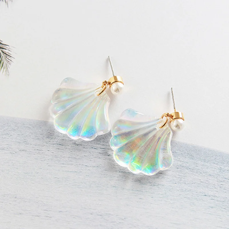 

Hot 1Pair Romantic Resin Colorful Mermaid Rainbow Pearl Shell Stud Earrings Simple Cute Unique Earrings For Woman Jewelry Gifts