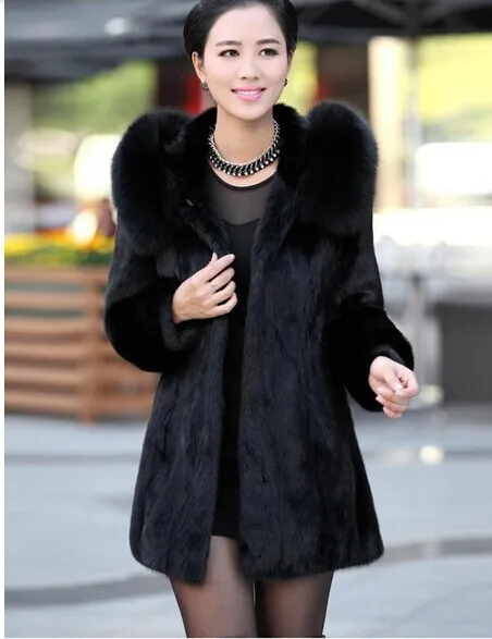 Зимнее женское пальто из кроличьего меха воротник из лисьего меха средней длины с капюшоном утолщенное меховое пальто размера плюс S-XXXL-4XL пальто