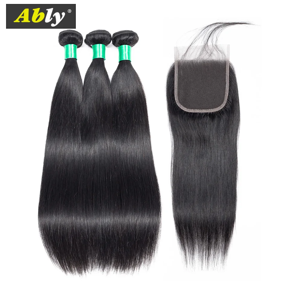 Ably Hair Extention Brazilian Hair Weave 3 Bundles With Closure Remy Straight Human Hair Bundles With Lace Closure Natural Color