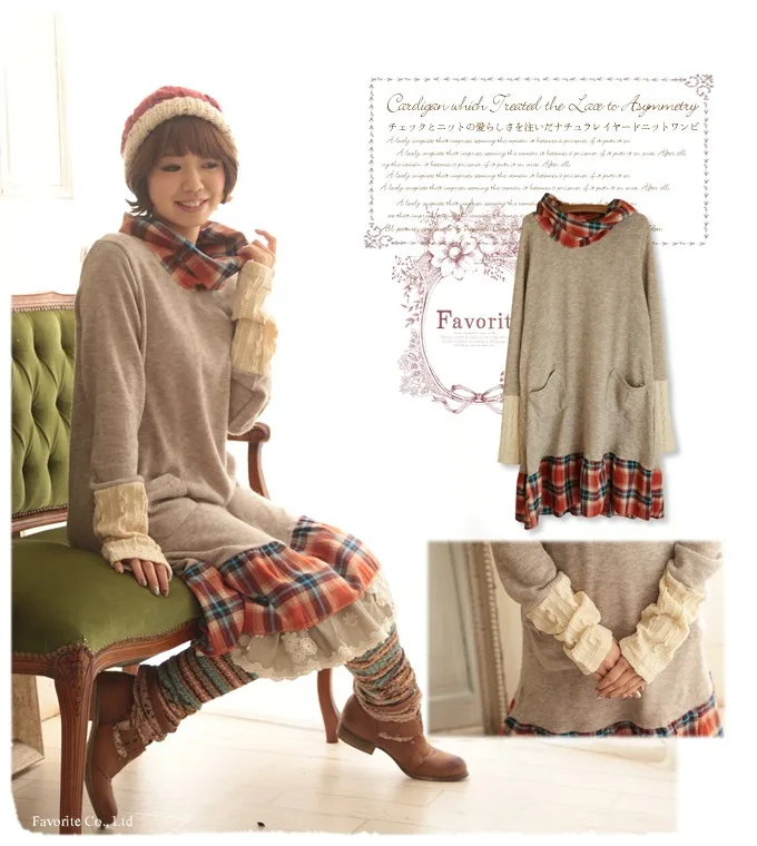 

Winter Autumn Cotton Patchwork Plaid Pockets Faux Two Piece Long-Sleeve Loose Casual Large Size Women Vintage Tunic Dress #16722