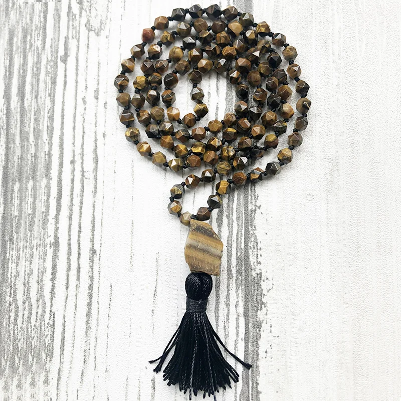 

Mala Necklace Jewelry Facted Tiger's Eye Knotted Tassel Necklace Raw Rough Stone Pendant Long Necklace For Men And Women