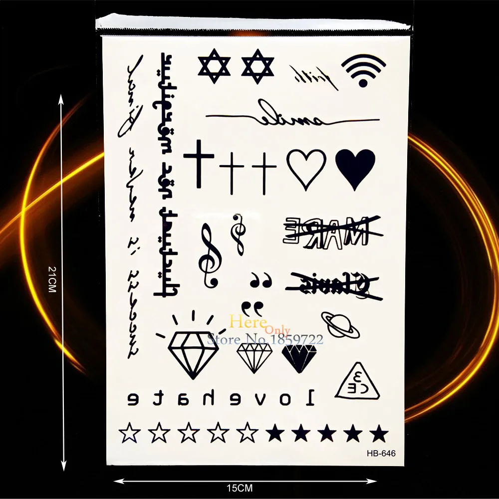 Black Fake Tattoo Diamond Melody Cross Star Sanskrit Tibetan Design Waterproof Hand font b Face b
