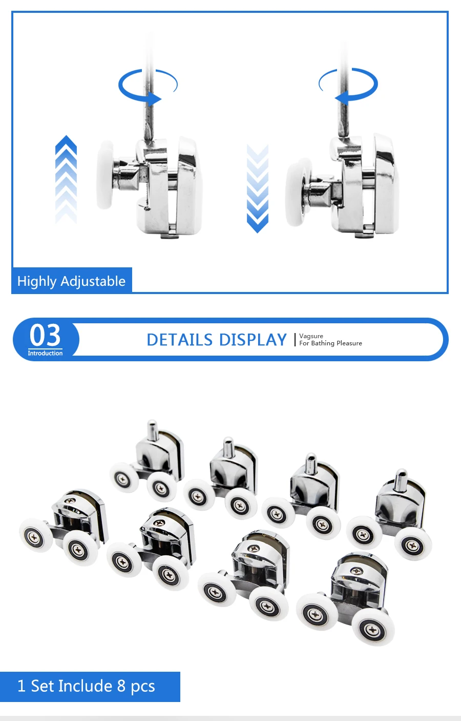 Vagsure до 4 никель-металл-8 шт./компл. Двойной Топ и единственный нижний хромированный цинковый сплав Раздвижные душевые кабины ролики колеса бегун ролики двери