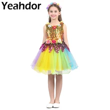 Платье с цветочным узором для девочек; детское платье с круглым вырезом без рукавов, расшитое блестками, с цветами радуги, с фатиновой юбкой; наряд с обручем для волос; Комплект для свадьбы