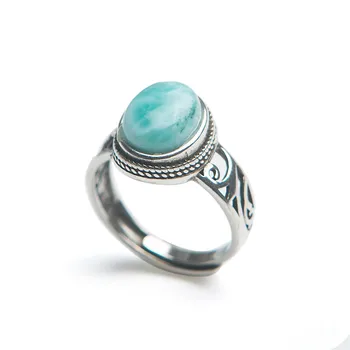 

100% Natural Larimar Blue Gemstone Ring Silver Fine Jewelry Wedding Party Rings 10x8mm For Women AAAAAA