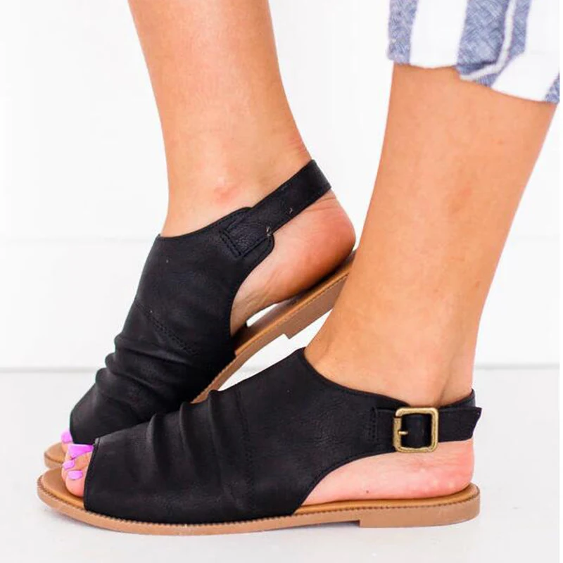 

Summer Woman Peep Toe Sandals Flat Shoes Fashion Solid Ankle Buckle Casual Slides Female Gladiator Ladies Footwear Plus Size