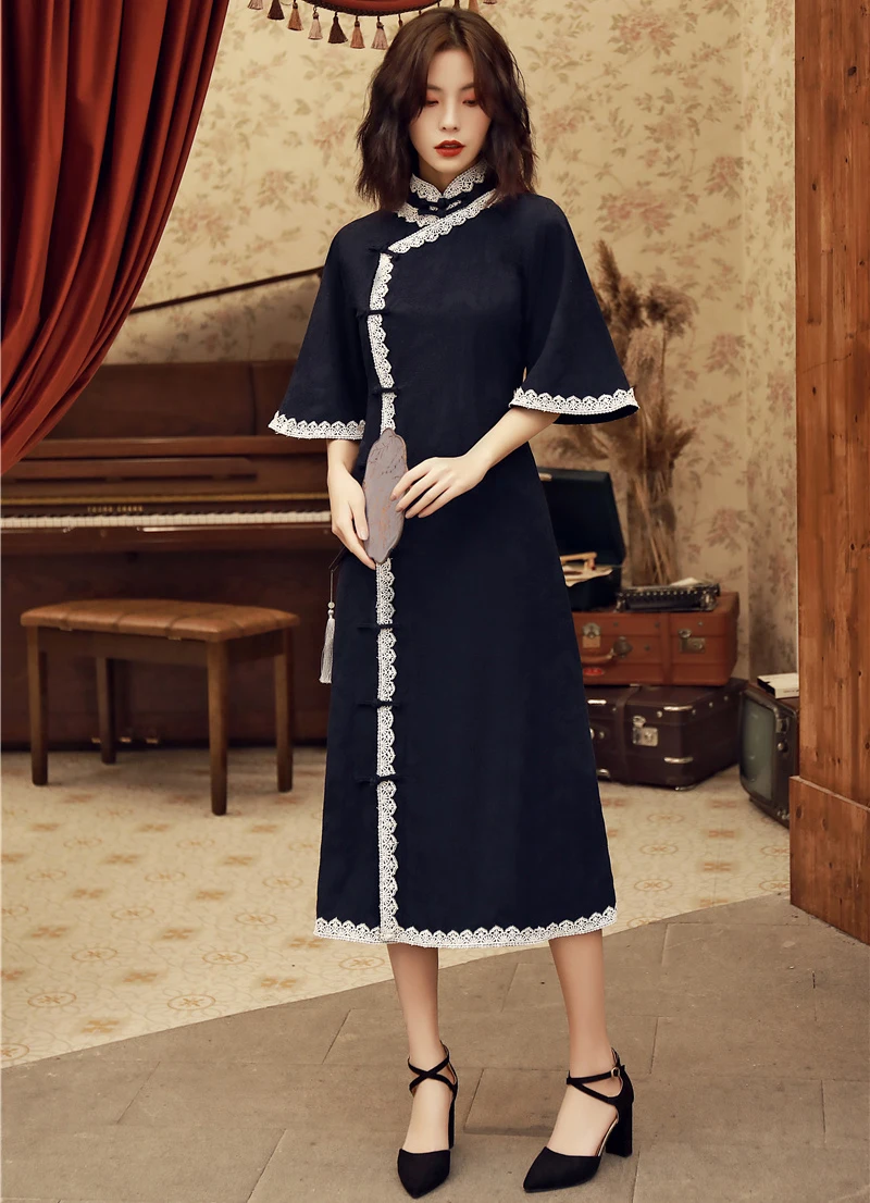 Темно-синий женские весенние Длинные Cheongsam Мода китайский стиль Леди китайский воротник Qipao сексуальные тонкие Вечерние платья Vestido S-3XL