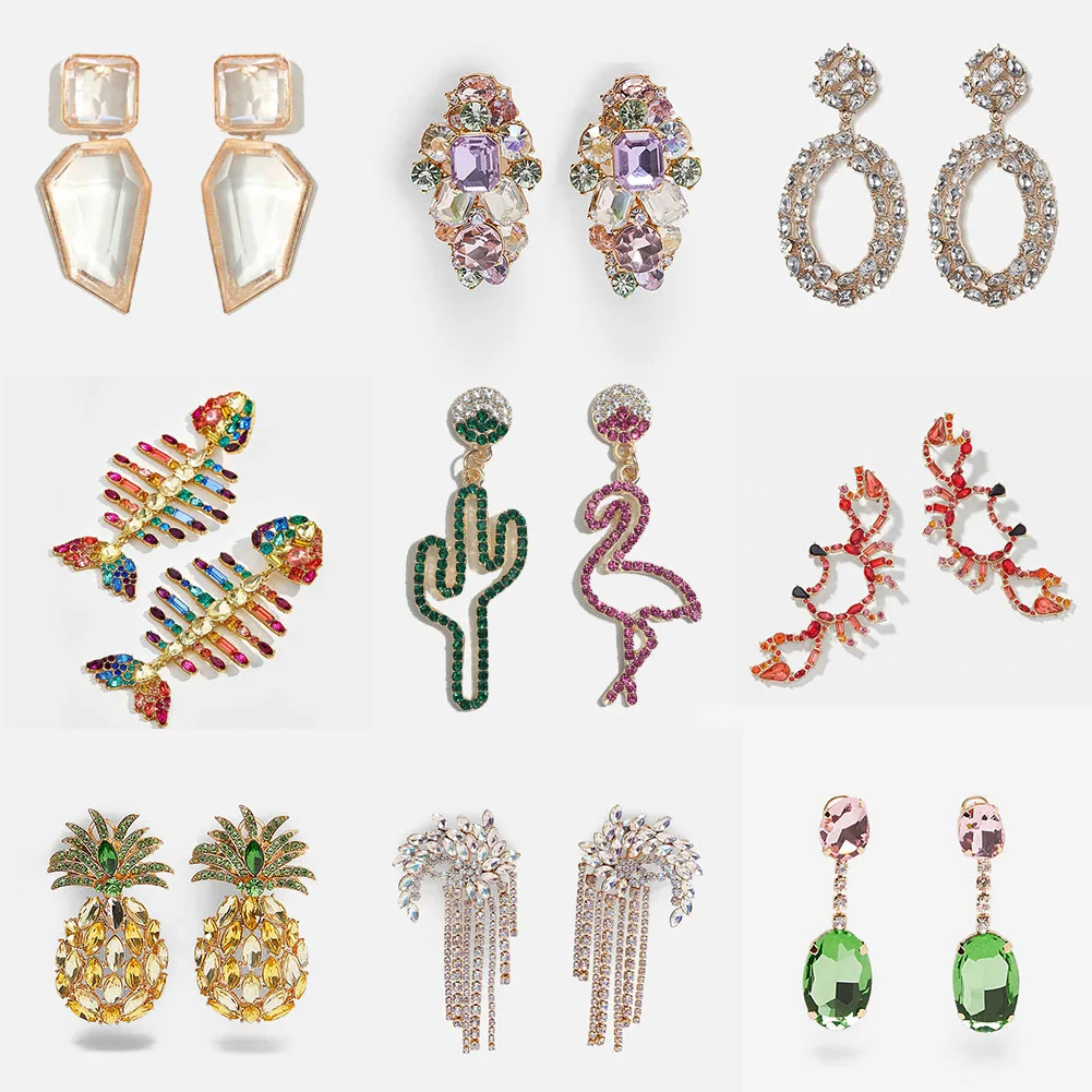

JUST FEEL New Design Unique Crystal Dangle Earrings Fashion Women Pineapple Statement Cactus Fringed Bird Drop Earring Bohemian