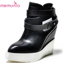 2016 mode Marke schuhe frau echtem leder stiefel herbst keile high heels frauen stiefeletten damen schuhe