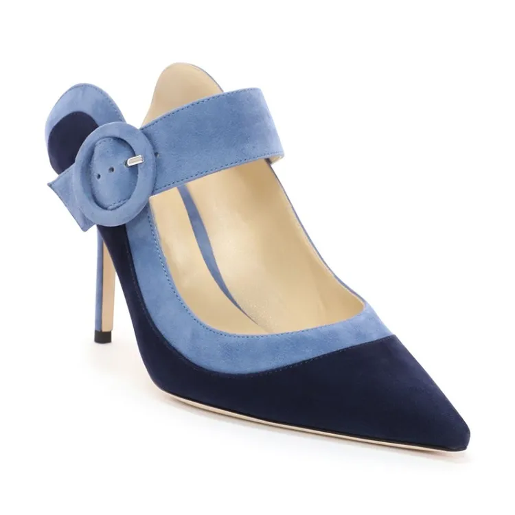 

Fashion Color Blocking Pointed Toe High Heel Dress Mules Buckle Strap Shallow Slides Summer Formal Outdoor Slippers