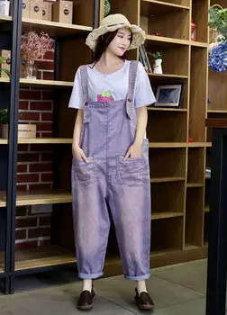 

Bib pants 2019 spring autumn new art old worn retro denim bib loose large version of solid color jumpsuit