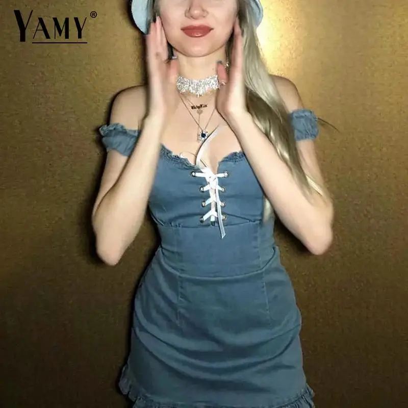 

Summer dress 2019 vintage lace up bodycon dress women jeans mini sexy dress streetwear korean casual sleeveless dresses vestidos