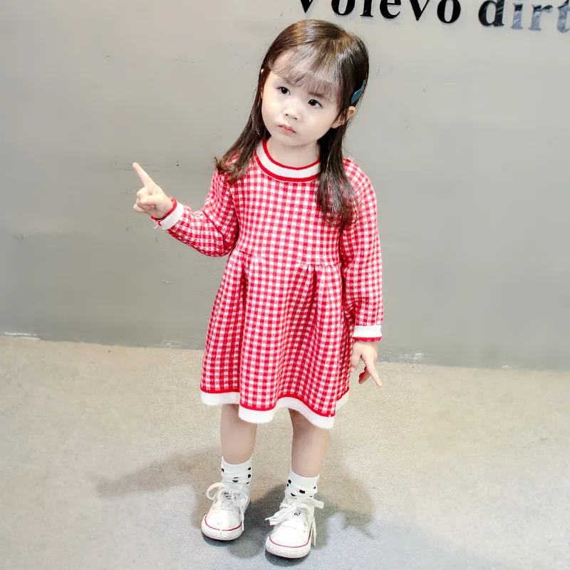 Платье-Свитер для маленьких девочек; модное зимнее платье для маленьких девочек; клетчатое Красное и черное платье-свитер принцессы; детская одежда