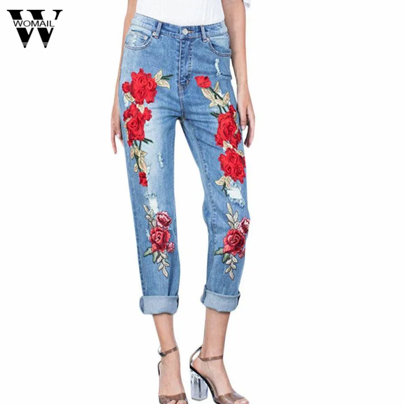 

Womail 2017 Stretchy Ripped Jeans With Scuffs 3D Embroidery Flowers Woman Denim Pants Trousers For Women Jeans se27