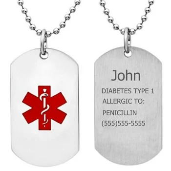 

Free Engraving Unisex Stainless steel Diabetes type 1 Medical Alert ID Necklace Personalized Dog Tags Pendant Jewelry Men,Women