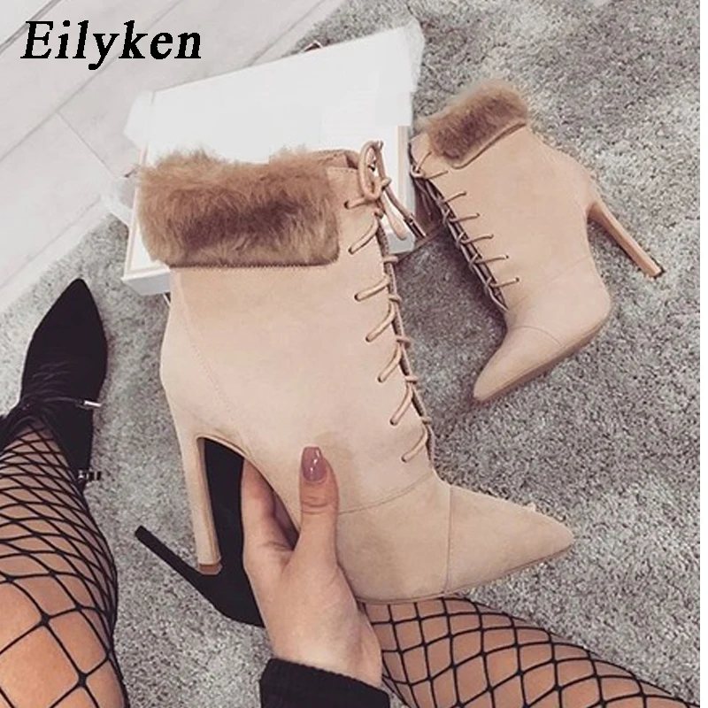 

Eilyken 2019 New Arrival Women Boots High Heels Pointed Toe Fur Ankle Boots Woman Shoes Fashion Princess Bootas Plus size 35-42