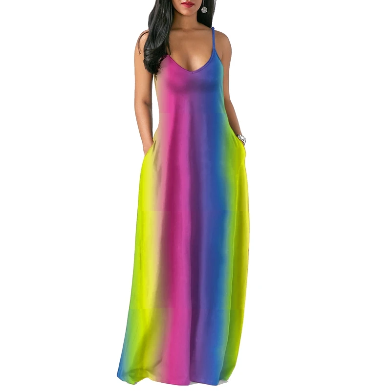 Rainbow Print Long Dress Women Straps V Neck Sleeveless Pockets Boho ...