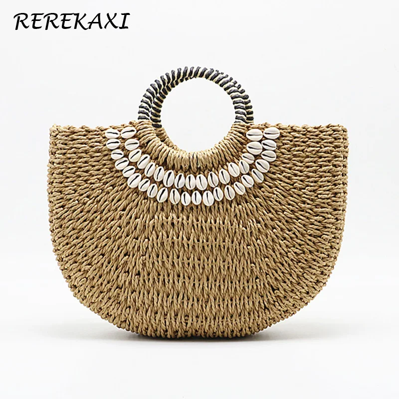 

Women's Handbag Handmade Drawstring Straw Bag Summer Woven Shell Large Capacity Beach Bags Fashion Female Travel Shopping Tote