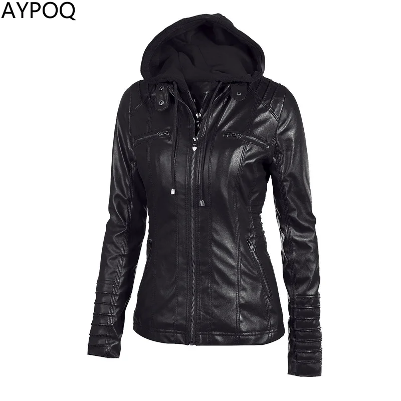

AYPOQ XS-7XL Lady Leather Jacket Women Hoodies Tops Zipper Long Sleeve Casual Spring Autumn Black Faux Short Coat Female Outwear