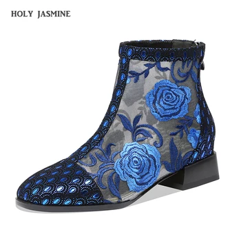 

2019 Summer New Women Boots Zipper Square Heels Shoes Lace Embroidery Mesh Breathable Ankle Boots Club Shoes Women Size 34-40