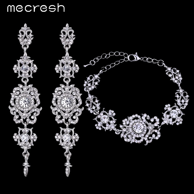 Mecresh Floral Pattern Long Drop Earrings Bracelet Bridal Jewelry Sets Silver Plated Fashion jewelry SL031+EH182