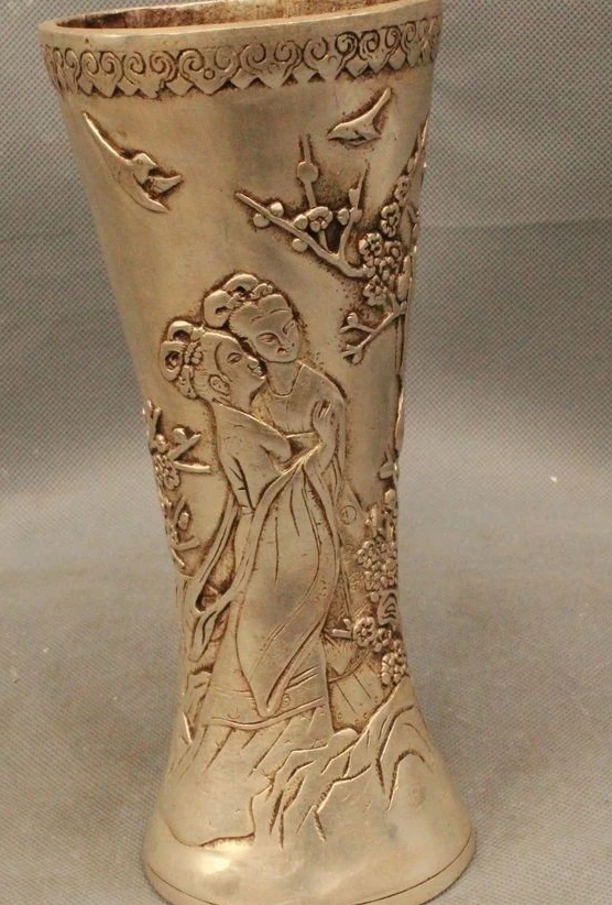 

9"hinese Dynasty Belle Palace Silver Bird plum blossom Flower Bottle Vase Statue