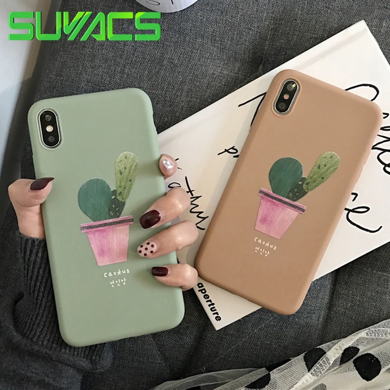 

SUYACS Candy Colors Cactus Potted Plant Pattern TPU Soft Case For iPhone XS MAX XR X 6 6S 7 8 Plus Korean Style Phone Cases Bag