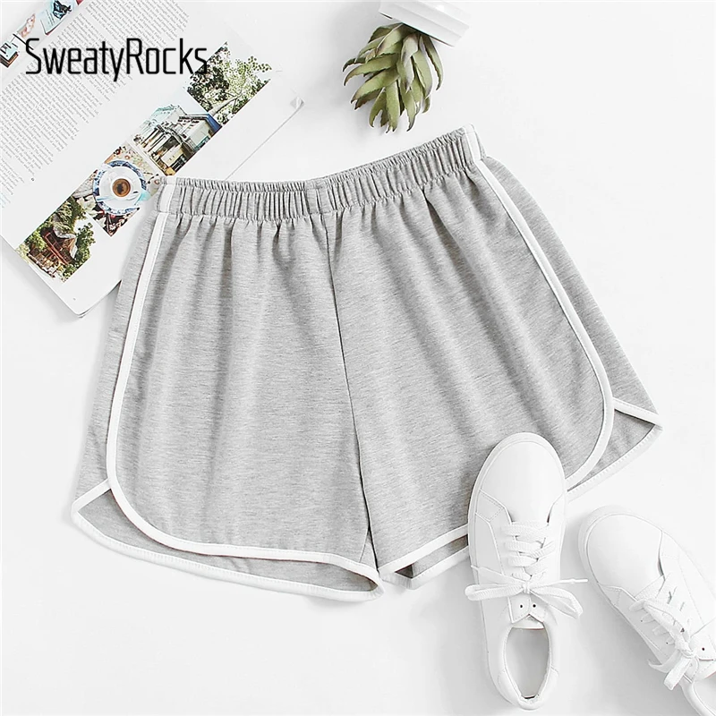 

SweatyRocks Elastic Waist Solid Shorts Active Wear Women Casual Basics Shorts 2019 Summer Athleisure Ringer Slub Shorts