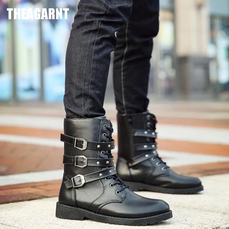 

THEAGRANT 2019 Men Boots Fashion Round Toe Vintage Multi Buckle Lace Up Ankle Martin Boots Winter PU Leather Male Shoes MBS3001