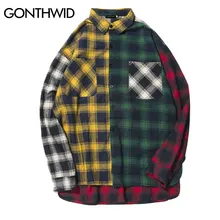 GONTHWID Цветные Лоскутные клетчатые рубашки с длинными рукавами, мужские повседневные рубашки в стиле хип-хоп с карманами на пуговицах, модные уличные пальто