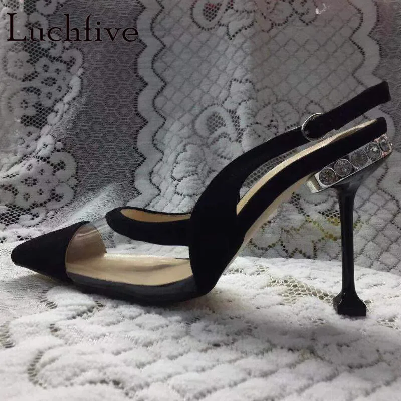 

Sexy Thin High Heels Jeweled Women Sandals Kid Suede Pointy Toe Clear Shoes Woman Buckle Strap Black Summer Gladiator Stiletto