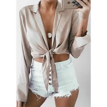 Women Sexy Blouse Backless Tie Knot Crop Top V-neck Long Sleeve Classics Party Shirts Ladies Hollow Out Slim tops 2019 Women Sexy Blouse Backless Tie Knot Crop Top V-neck Long Sleeve Classics Party Shirts Ladies Hollow Out Slim tops 2019