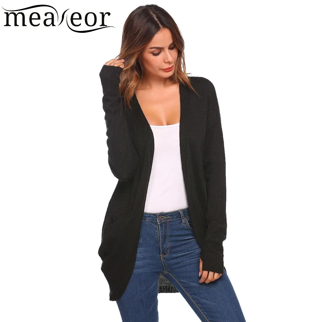 Meaneor 2018 Autumn Fashion Women Cardigan Sweater Thumb Hole Long Sleeve Solid Open Front Pockets Winter Sweater Cardigans Tops Sweaters